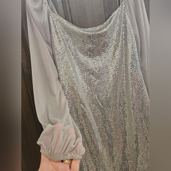 NWOT BEBE Silver Sequin Dress with Sheer Sleeves - Picture 4 of 11